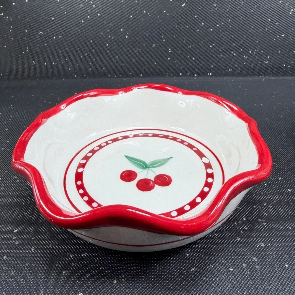 Crate & Barrel Mesa Cherry Pie Dish Bowl Individual Ramekin Set of 2 Red White